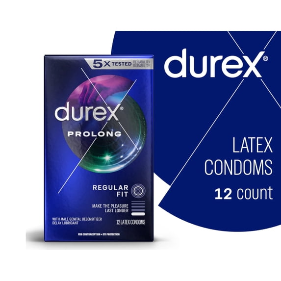 Durex Prolong + Brass Lunamax Pocket Case, Climax Control Ribbed Latex Condoms with Delay Lubricant-12 Count