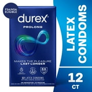 Durex Prolong Condoms, Ultra Fine, Ribbed, Dotted with Delay Lubricant Natural Rubber Latex Condoms for Men, FSA & HSA Eligible, 12 Count