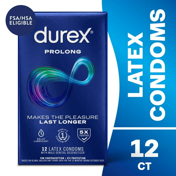 Durex Prolong Condoms, Ultra Fine, Ribbed, Dotted with Delay Lubricant Natural Rubber Latex Condoms for Men, FSA & HSA Eligible, 12 Count
