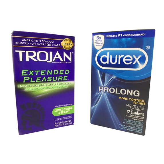 Durex Prolong + Trojan Extended Pleasures + Silver Lunamax Pocket Case, Climax Control Latex Condoms 24 Total Condoms