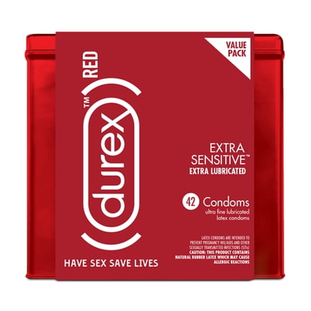 Durex (RED) Condom Extra Sensitive, 42 Condoms - Ultra Fine & Extra Lubricated, Natural Latex Condoms