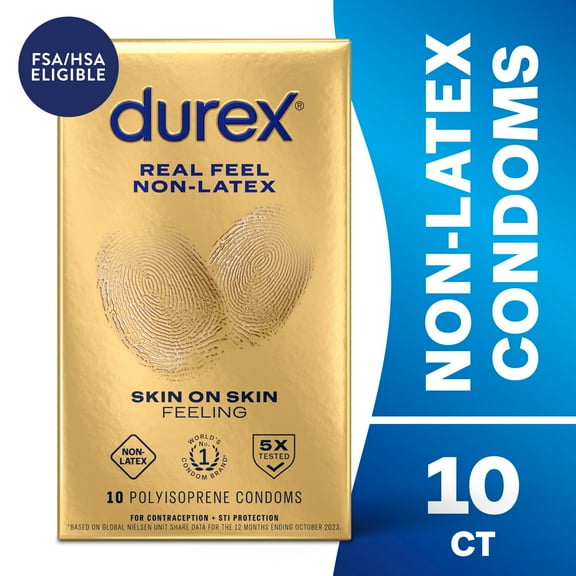 Durex Real Feel Condoms For Men, Non Latex Lubricated Condoms with Skin-On-Skin Feeling, FSA/HSA, 10 ct