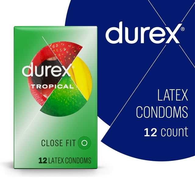 Durex Tropical Condoms, Natural Rubber Latex Condoms for Men, Close Fit, FSA & HSA Eligible, Exciting Flavors, 12 Count