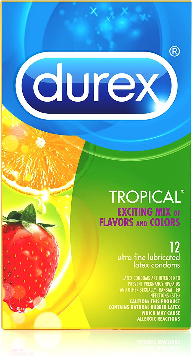 Durex Assorted Flavoured Lubricated Latex Condoms, Tropical Mix-12