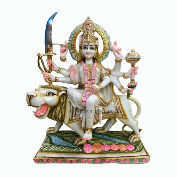 Durga Statue 18 inches Large Marble Murti Shaila Putri Kali Sculpture Durga with Lion Figurines Hindu Goddess of Strength Amba Statue for Navratri Puja Maa Sherawali Adi Shakti Indian Temple Decor