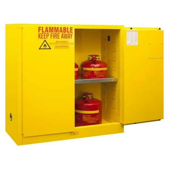 Durham 1030M-50 16 gauge Welded Flammable Manual Closing Safety Manual Door Cabinet with 1 Shelf, Yellow - 30 gal