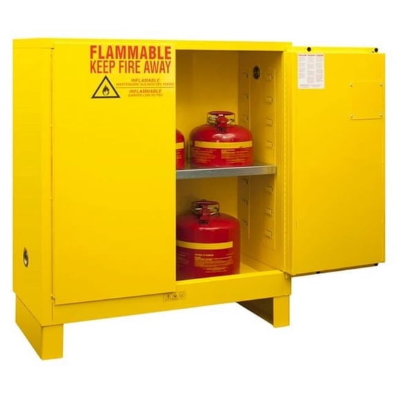 Durham 1030ML-50 16 gauge Welded Flammable Manual Closing Safety Manual Door Cabinet with Legs & 1 Shelf, Yellow - 30 gal
