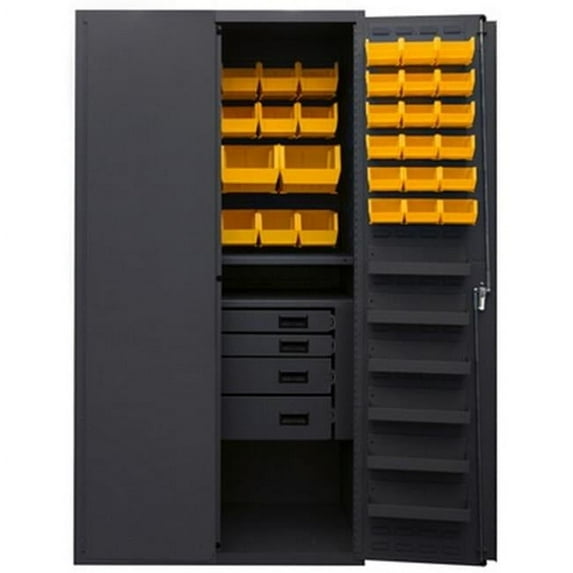 Durham 14 Gauge 12 Door Shelves Lockable Cabinet with 58 Yellow Hook on Bins with 1 Fixed Shelf & 4 Drawers - Gray - 36 in.