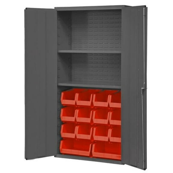 Durham 14 Gauge Flush Door Style Lockable Cabinet with 14 Red Hook on Bins & 2 Adjustable Shelves - Gray - 36 in.