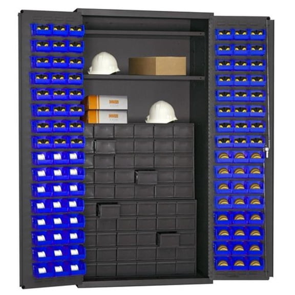 Durham 14 Gauge Flush Door Style Lockable Cabinet with 96 Blue Hook on Bins & 2 Adjustable Shelves & 60 Drawer - Gray - 36 in.