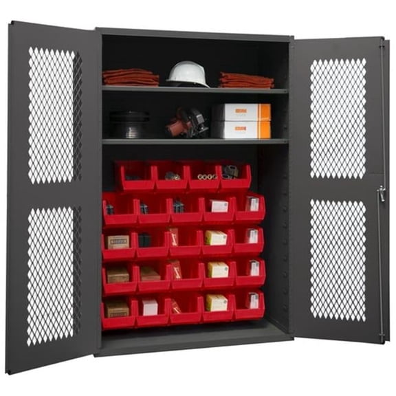 Durham 14 Gauge Flush Door Style Lockable Clearview Cabinet with 24 Red Hook on Bins & 2 Adjustable Shelves - Gray - 48 in.