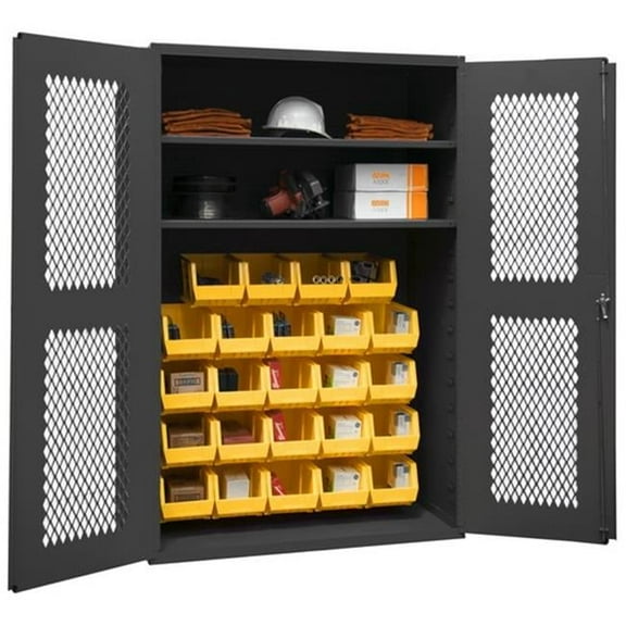 Durham 14 Gauge Flush Door Style Lockable Clearview Cabinet with 24 Yellow Hook on Bins & 2 Adjustable Shelves - Gray - 48 in.