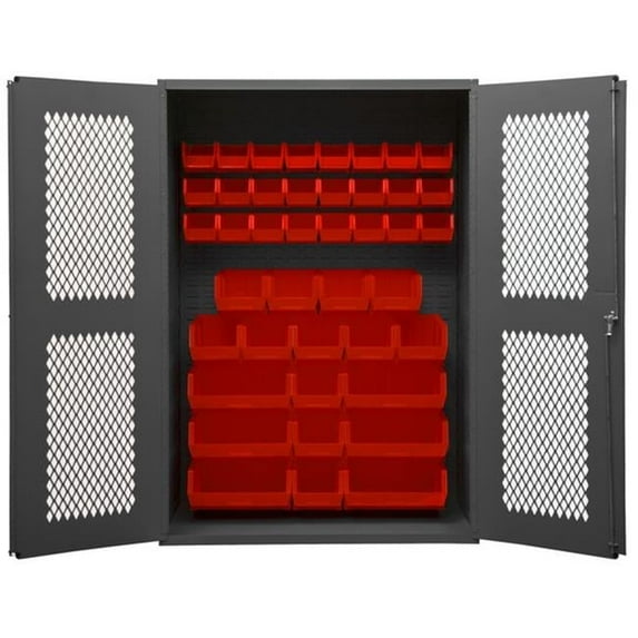 Durham 14 Gauge Flush Door Style Lockable Clearview Cabinet with 42 Red Hook on Bins - Gray - 48 x 18 x 72 in.