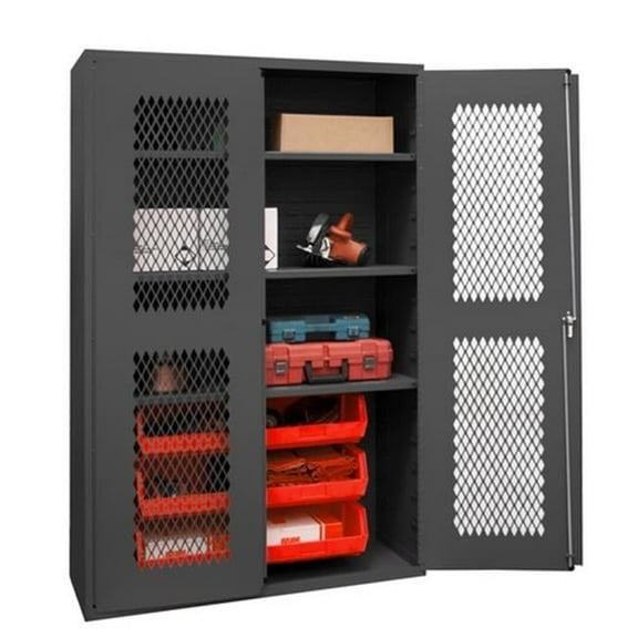 Durham 14 Gauge Flush Door Style Lockable Shelf Clearview Cabinet with 6 Red Hook on Bins & 3 Adjustable Shelves - Gray - 48 in.
