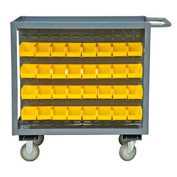 Durham 14 Gauge Tubular Push Handled Rolling Service Cart with 64 Yellow Hook on Bins & 2 Shelves & Lips Up - Gray - 37.63 x 24 x 36 in.