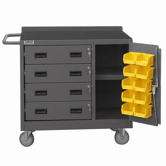 Durham 2211-DLP-RM-10B-95 16 Gauge Tubular Push Handled Lockable Cart with 10 Yellow Hook on Bins & 3 Shelves & 4 Drawers Back Lips Up, Gray - 36 x 18 x 38.38 in.