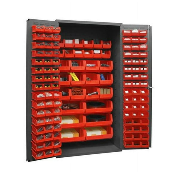 Durham 2501-BDLP-126-1795 36 in. 16 Gauge Flush Door Style Lockable Cabinet with 126 Red Hook on Bins, Gray