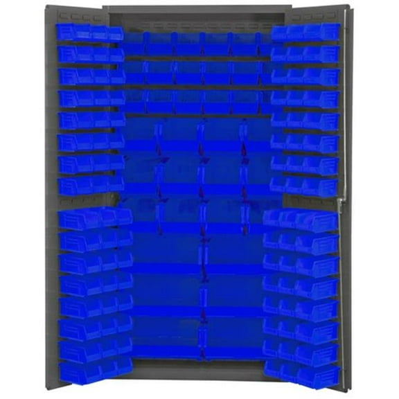 Durham 3501-BDLP-132-5295 14 Gauge Flush Door Style Lockable Cabinet with 132 Blue Hook on Bins, Gray - 36 x 24 x 72 in.