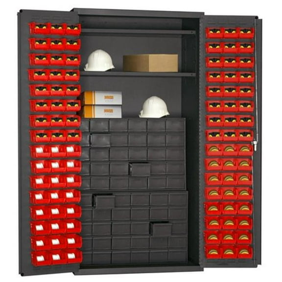 Durham 3501-DLP-60DR11-96-2S1795 14 Gauge Flush Door Style Lockable Cabinet with 96 Red Hook on Bins & 2 Adjustable Shelves & 60 Drawer, Gray - 36 in.