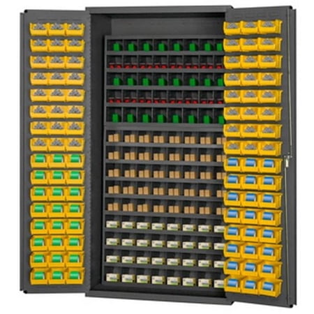 Durham 3501-DLP-72/40B-96-95 14 Gauge Flush Door Style Lockable Cabinet with 112 Pigeon Hole & 96 Yellow Plastic Hook on Bins Gray - 36 in.