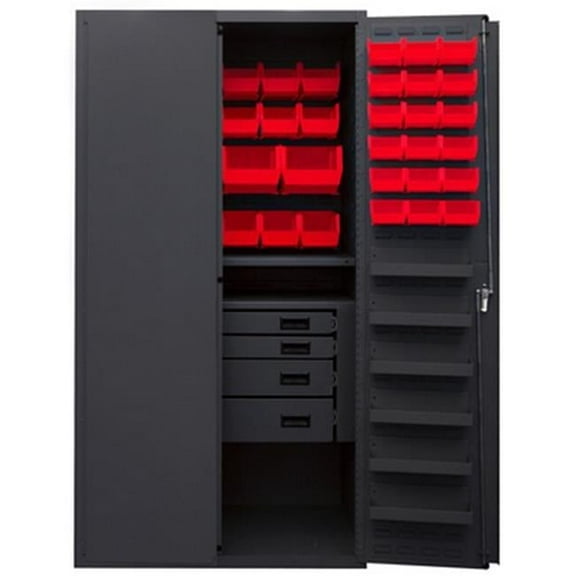 Durham 3501584RDR-1795 14 Gauge 12 Door Shelves Lockable Cabinet with 58 Red Hook on Bins with 1 Fixed Shelf & 4 Drawers, Gray - 36 in.