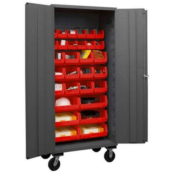 Durham 3501M-BLP-30-1795 14 Gauge Flush Door Style Lockable Mobile Cabinet with 30 Red Hook on Bins , Gray - 36 in.