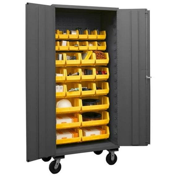 Durham 3501M-BLP-30-95 14 Gauge Flush Door Style Lockable Mobile Cabinet with 30 Yellow Hook on Bins , Gray - 36 in.