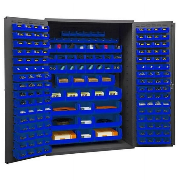 Durham 3502-186-5295 14 Gauge Flush Door Style Lockable Cabinet with 186 Blue Hook on Bins, Gray - 48 in.