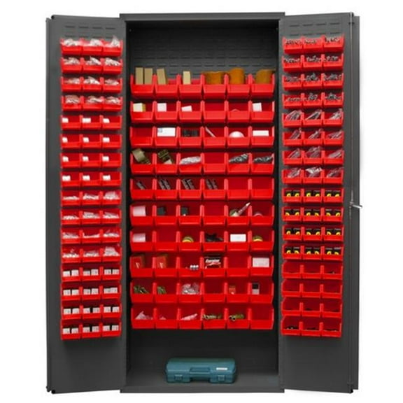 Durham 3603-156B-1795 14 Gauge Flush Door Style Lockable Cabinet with 156 Red Hook on Bins, Gray - 36 in.