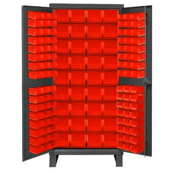 Durham 3702-132-1795 14 Gauge Flush Door Style Lockable Cabinet with 132 Red Hook on Bins, Gray - 36 x 24 x 78 in.