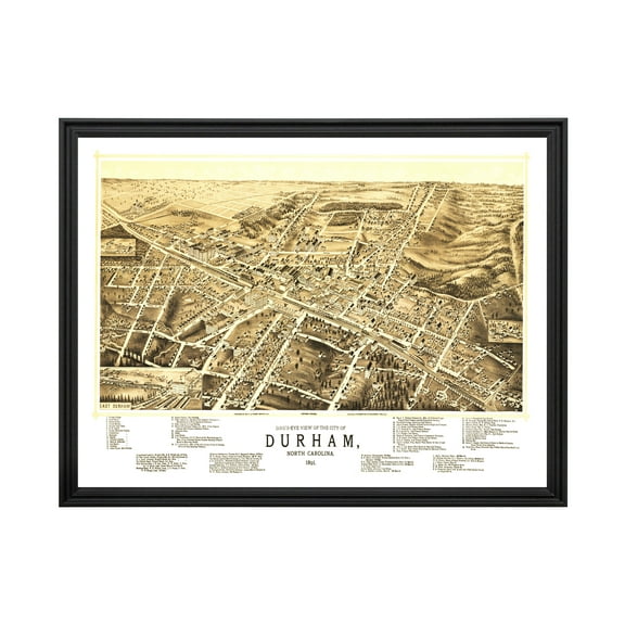Durham Art, 1891 Vintage Map of Durham North Carolina, NC History Wall Decor Gift, Old Durham Map - 36" x 24" Black Framed Print