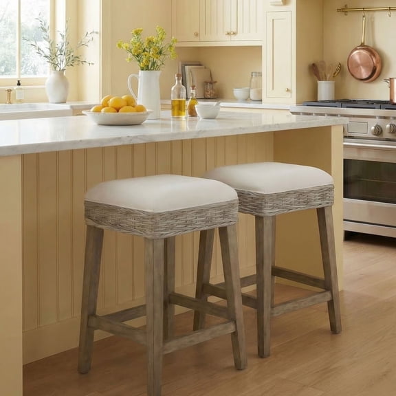 Durham Backless Counterstool with Upholstered White Seat, Set of 2, KD, Natural