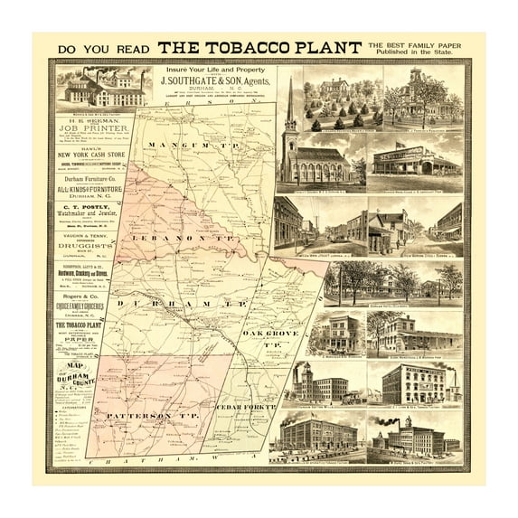 Durham County North Carolina Art, 1887 Vintage Map of Durham County NC History Wall Decor Gift, Old Durham County NC Map - 30" x 30" Unframed Print