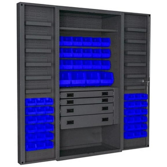 Durham DCBDLP584RDR-5295 14 Gauge 12 Door Shelves Lockable Cabinet with 58 Blue Hook on Bins & 1 Adjustable Shelf & 4 Drawers, Gray - 36 x 24 x 72 in.