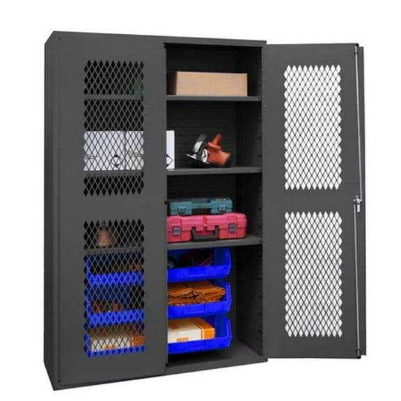 Durham EMDC-481872-6B-3S-5295 14 Gauge Flush Door Style Lockable Clearview Cabinet with 6 Blue Hook on Bins & 3 Adjustable Shelves, Gray - 48 in.
