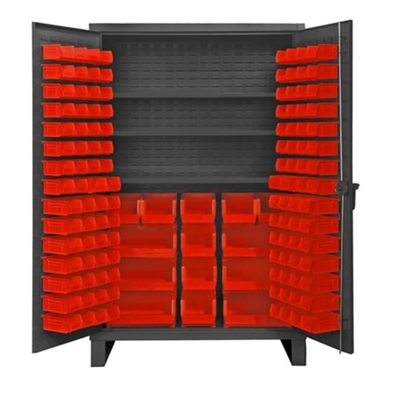 Durham HDC48-134-3S1795 12 Gauge Recessed Door Style Lockable Cabinet with 120 Yellow Hook on Bins & 4 Adjustable Shelves, Gray - 48 in.