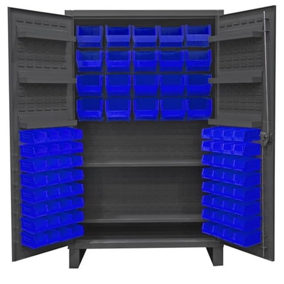 Durham HDC48-84-2S6D5295 12 Gauge Recessed Door Style Lockable Cabinet with 84 Blue Hook on Bins & 2 Adjustable 6 Door Shelves, Gray - 48 in.