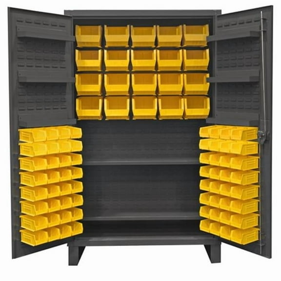 Durham HDC48-84-2S6D95 12 Gauge Recessed Door Style Lockable Cabinet with 84 Yellow Hook on Bins & 2 Adjustable 6 Door Shelves, Gray - 48 in.