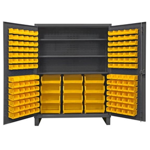Durham HDC60-156-3S95 12 Gauge Recessed Door Style Lockable Cabinet with 156 Yellow Hook on Bins & 3 Adjustable Shelves, Gray - 60 in.