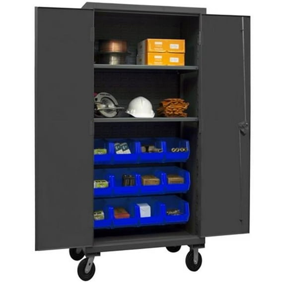 Durham HDCM36-12-2S5295 12 Gauge Recessed Door Style Lockable Mobile Cabinet with 12 Blue Hook on Bins & 2 Adjustable Shelves, Gray - 36 in.