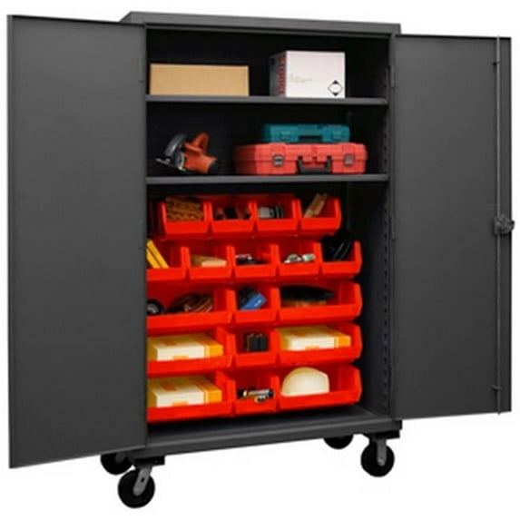 Durham HDCM48-18-2S1795 12 Gauge Recessed Door Style Lockable Mobile Cabinet with 18 Red Hook on Bins & 2 Adjustable Shelves, Gray - 48 in.