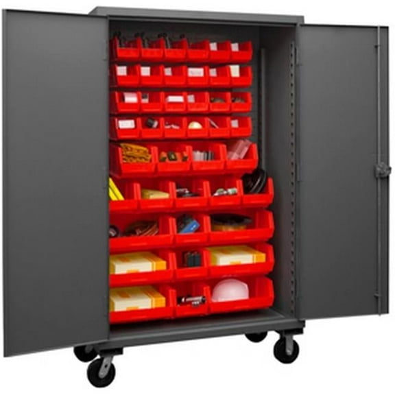 Durham HDCM48-42-1795 12 Gauge Recessed Door Style Lockable Mobile Cabinet with 42 Red Hook on Bins, Gray - 48 in.
