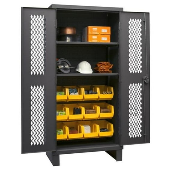 Durham HDCV36-12B-2S95 12 Gauge Recessed Door Style Lockable Ventilated Cabinet with 12 Yellow Hook on Bins & 2 Adjustable Shelves, Gray - 36 in.
