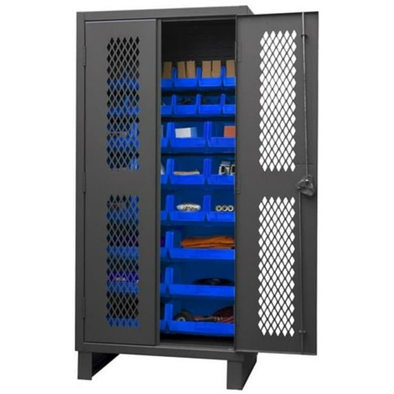 Durham HDCV36-30B-5295 12 Gauge Recessed Door Style Lockable Ventilated Cabinet with 30 Blue Hook on Bins, Gray - 36 in.