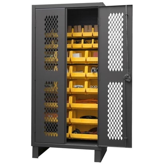 Durham HDCV36-30B-95 12 Gauge Recessed Door Style Lockable Ventilated Cabinet with 30 Yellow Hook on Bins, Gray - 36 in.