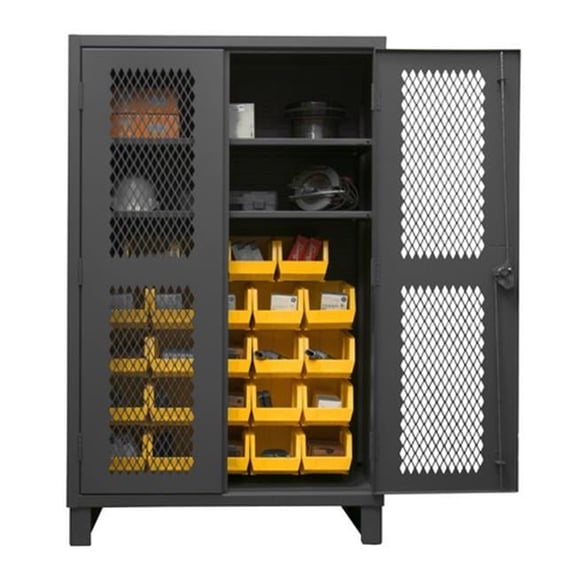 Durham HDCV48-24B-2S95 12 Gauge Recessed Door Style Lockable Ventilated Cabinet with 24 Yellow Hook on Bins & 2 Adjustable Shelves, Gray - 48 in.