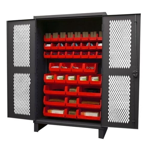 Durham HDCV48-42B-1795 12 Gauge Recessed Door Style Lockable Ventilated Cabinet with 42 Red Hook on Bins, Gray - 48 in.