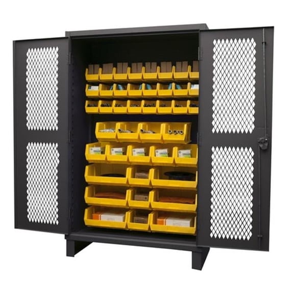 Durham HDCV48-42B-95 12 Gauge Recessed Door Style Lockable Ventilated Cabinet with 42 Yellow Hook on Bins, Gray - 48 in.