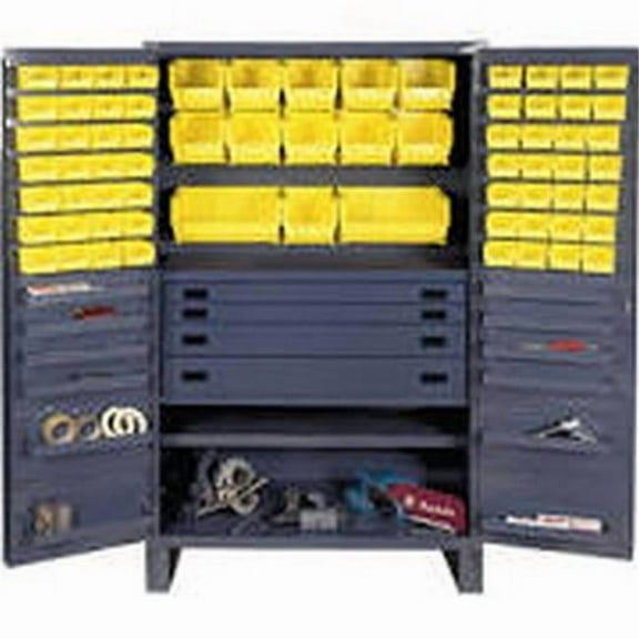 Durham JCBDLP694RDR-95 14 Gauge Flush Style 12 Door Shelves Lockable Cabinet with 69 Yellow Hook on Bins & Adjustable Shelf & 4 Drawers, Gray - 48 in.