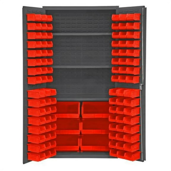 Durham 2501-BDLP-102-3S-1795 16 Gauge Flush Door Style Lockable Cabinet with 102 Red Hookon Bins & 3 Adjustable Shelves, Gray - 36 x 24 x 72 in.